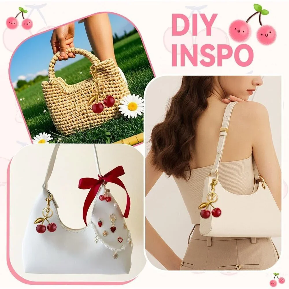 Women's Red Cute Charm Metal Clasp Stylish Cherry Decorate Keychain Handbag